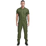 dPois Herren Kurzarm Arbeitsoverall Einteiler Jumpsuit Overall Lang Latzhose mit Gürtel Arbeitskleidung für Werkstatt Blaumann Armeegrün 3XL