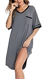 Vlazom Nachthemd Damen Kurzarm Nachtwäsche Weich Nachtkleid Große Größen Schlafshirt Sommer Sleepshirt(XL,Dunkelgrau)