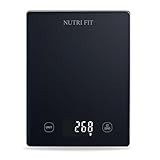 NUTRI FIT Digitale Küchenwaage Lebensmittelwaage, elektronische Küchenwaage, gehärtetes Glas, 3 kg/1 g, Einheiten in g/ml zum Kochen und Backen, große LCD-Anzeige, 3 AAA-Batterien, Schwarz