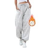 EBANKU Damen Jogginghose mit Sherpa Futter Thermo Fleece Futter Jogginghose mit Taschen, Warmer Dicker Trainingsanzug für Freizeit Fitnessstudio und Joggen