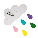 HAMPPLIES Wanduhr Wolkenmotiv Leise Uhr aus Umweltfreundlichem Material Cartoon Kindergarten Uhr mit Regenbogen und Regentropfen Geräuschlos für Kinderzimmer und Wohnzimmer