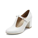 DREAM PAIRS Mary Jane Pumps mit T-Riemen, Hochzeitsschuhe für Damen,Size 39,Weiss/Pu,DPU211