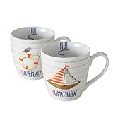 BOLTZE 2er Set maritimer Jumbobecher, Kaffee- oder Teetasse, Kampen, Porzellan, Farbe: weiß, blau, rot, beige, Füllvermögen: 480 ml; sehr hübsch, 2034329