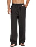 COOFANDY Leinenhose Herren mit Tunnelzug Herrenhose Leicht Sommerhose Freizeithose Einfarbig Hosen mit Taschen Schwarz L