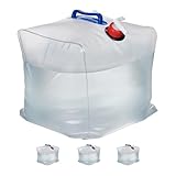Relaxdays Wasserkanister 4er Set, 20 L, faltbar, Zapfhahn, Griffe, Camping Kanister, BPA-freier Kunststoff, transparent