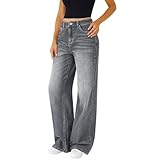 Damen Hohe Taille Jeans Wide Leg Skinny Fit Stretch Jeanshose Geschnitten Schlank Jogginghose Oversized Straight Leg Frauen Schlupfjeans Mädchen Streetwear (Grey, M)