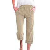 Leinenhose Damen Leicht Leinen Sommerhose Loose Freizeithose High Waist Stoffhose 3/4 Yogahose Casual Einfarbig Schlupfhose Jogginghose Straight Leg Frauen Hosen Stretch Caprihose Mit Taschen,S-3XL