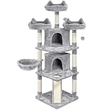 Yaheetech Kratzbaum Katzenkratzbaum 174 cm Katzenbaum Groß Kletterbaum 3 kuschelige Aussichtplattformen Spielhaus für Katzen Hellgrau