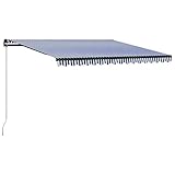 Einziehbare Markise Handbetrieben 450 x 300 cm, Pulverbeschichteter Aluminiumrahmen, UV-beständiger Stoff, Mit Handkurbel, Sonnenschutz Balkon, Markise Einziehbar, Freistehende Markises, Blau und Weiß