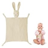 Vicloon Schmusetuch, Kuscheltuch mit Hase-Köpfchen,Doppellagiger Tüll aus 100% Bio-Baumwolle,Baby Geschenk zur Geburt Junge & Mädchen-Beige