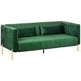 HOMCOM 3 Sitzer Sofa Gästesofa mit 2 Sitzkissen, dreier Couch mit Armlehne, gepolstert Polstersofa mit Samt-Optik, für Wohnzimmer, Schlafzimmer, 200 x 88 x 76 cm, Grün