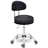 TRESKO® Rollhocker mit Lehne Schwarz | Arbeitshocker höhenverstellbar 47-60 cm | Drehhocker mit Rollen | Bürostuhl Hocker Drehstuhl Kosmetikhocker