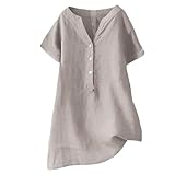 Damen Sommer Kurzarm Knopf Popover Shirts Loose Fit Baumwolle Leinen Urlaub Casual Strand Yoga Tops Plus Size Einstecktuch Saum Ausgehen Tunika Tops, K, M