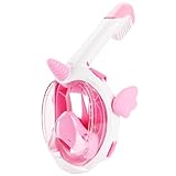 Vitare Schnorchelmaske für Kinder, 180° Panorama Tauchmaske, wasserdichte und Auslaufsichere Taucherbrille mit Schnorchel, Vollgesichts Schwimmmaske - Rosa Einhorn XS