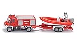 siku 1636001, Französischer Feuerwehr Unimog mit Boot, 1:87, Frankreich, Metall/Kunststoff, Rot, Französische Aufschrift Pompiers, Schwimmfähiges Boot