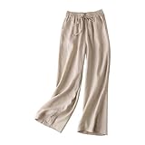 Leinenhose Damen Lang Leicht Sommerhose Einfarbig Locker Weite Bein Hose Casual Locker Stoffhose mit Tunnelzug und Taschen Sporthose Gerades Damenhose Bequem Luftige Strandhose Hosen