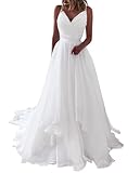 HUINI Beach Boho Hochzeitskleid - V-Ausschnitt ärmellos A-Linie Hochzeit Zeremonie Damen Brautkleider A-Weiß 38