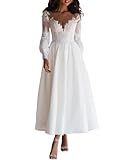 Beyonddress Frauen Spitze Brautkleider für Braut Teelänge Hochzeitskleider mit Ärmel Applique Tüll Brautkleider Langarm Brautmode,Elfenbein 02,DE40