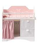ROBUD Puppenbett Holz, Spielzeug Puppen Bett mit Kleiderschrank, Bettwäsche, Stauraum & Haken, Puppenbett für Puppen bis 53 cm, Geschenke für Mädchen ab 3 Jahren (Rosa)