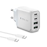 USB C Ladegerät, Gcstnn 40W Schnellladegerät mit 2M 3A Type-C Kable 4 Port PD3.0 QC3.0 USB C Ladestecker für iPhone 15 Plus 14 Pro Max 13 Pro 12 Mini,Samsung Galaxy,Google,Xiaomi Handy Ladegerät-Weiß