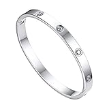 JewelryWe Schmuck Damen Armreif Edelstahl Zirkonia einfache Stil Liebe Armband 6mm breit mit Schließe größere Armspange Gravur Silber