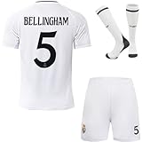 Rawdem Madrid Kinder Home 2024/2025#5 Bellingham Heim-Fußballtrikot, Shorts, Socken, Geschenkset, Jugendgrößen (Weiß, 30)