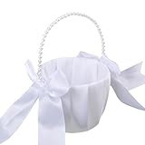 Natuce Körbe für Blumenmädchen, Weiß Hochzeit Blumenkorb, Streukörbchen Hochzeit mit Perlengriff, Satin Bowknot Blumenkörbchen, Blumenkinder Körbchen, Geschenkkorb für Hochzeit Party