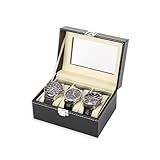 Coztie Uhrenbox mit 3 Fächern, Uhrenkasten mit Glasdecke, Uhrenkoffer mit Herausnehmbaren Uhrenkissen, Uhren Aufbewahrungsbox Premium-Uhrenschatulle für Geschenk für Boyfriend Ehemann Schwarz