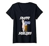 Damen Frappe fabelhafte griechische Statue, Flagge, Kaffee, griechische Café-Getränke T-Shirt mit V-Ausschnitt