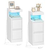 Hzuaneri Nachttisch 2er Set mit LED, Beistelltisch mit 2 Schubladen, Nachttische mit U-förmigem offenen Fach, Verstellbares Licht, für Schlafzimmer, Wohnzimmer, 30 x 24 x 65 cm Weiß NS39213X