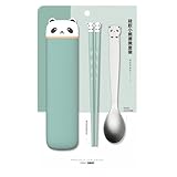 Alipis 1 Satz Silikon Essstäbchen und Löffel mit Aufbewahrungsbox Wiederverwendbar Spülmaschinenfest Ergonomisch für Unterwegs Süßem Bären Design Klarblau