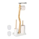Relaxdays WC Garnitur, Bambus, HBT: 80x30x20 cm, freistehender Klopapierhalter, Ablage, Toilettenbürste, weiß/natur