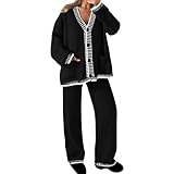 riou Damen Skianzug Set Damen-Set-Outfits, Strick-Sets, langärmelig, V-Ausschnitt, Strickjacke, Pullover, Hose mit weitem Bein, Trainingsanzüge Yoga Kleid (Black, S)