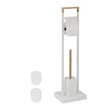 Relaxdays WC Garnitur, Bambus, Edelstahl, freistehender Klopapierhalter, Toilettenbürste mit Bürstenhalter, weiß/natur