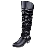 Damenstiefel zum Hineinschlüpfen, quadratisch, einfarbig, hohe Knieschuhe, runde Zehenpartie, Weiß - Schwarz - Größe: 41 EU