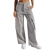 Cargohose Damen Weite Bein Hosen Y2K Baggy Jeans Damen Straight Leg Hose Stretch High Waist Cargo Hose mit Taschen Damenhosen Freizeithose Y2K Teenager Mädchen Arbeitshosen Outdoor Wanderhose