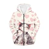 QWEFVB Kapuzenpullover mit Reißverschluss für Jungen und Mädchen, modisch, niedlich, langärmelig, Winter-Kapuzenjacke, Katzendesign, M