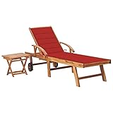 Sonnenliege mit Tisch und Auflage, Patio-Gartenstühle, Relaxsessel, Gartenliege für Patio, Garten, Strand, Pool, pflegeleicht, Massivholz Teak rot195 x 59.5 x 35cm