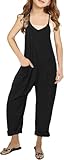 Haloumoning Mädchen Ärmellose Jumpsuits Spaghetti Strap Freizeit Baumwolle Overalls Kinder Sommer Lose Romper Hosen mit Taschen, Schwarz, 13-14 Jahre