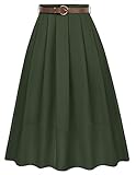 Damen Faltenrock Elegant A-Linie High Waist Rock Midi Skirt mit Taschen Freizeit Party Armeegrün L