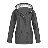 Regenmantel für Damen, winddicht, mit Taschen und Reißverschluss, winddicht, einfarbig, wasserdicht, für Damen, Regenjacke, Damen, Outdoorjacken, große Größe, A-Grey, 42