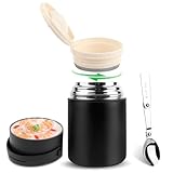 VMUTGA Thermobehälter 850ml, | Edelstahl Warmhaltebehälter | Müsli to go - Thermobox Mittagessen, Edelstahl Thermobehälter für Essen mit faltbaren Löffel (schwarz)