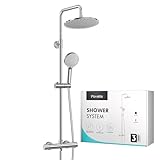 Poveta Duschsystem mit Thermostat Chrom, Duscharmatur Komplettset mit 25cm Rund Regendusche Duschkopf, Handbrause mit 3 Strahlarten, 100-120cm Höhenverstellbar, Regendusche mit Armatur, Duschset
