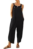 VEVESMUNDO Damen Latzhose Sommer Baggy Baumwolle Lang Elegant Retro Loose Breite Beine Jumpsuit Playsuit Overall Dungarees Hosen mit Taschen 34 36 38 40 42 44 46 48 50