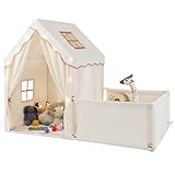 COSTWAY 2 in 1 Kinderzelt mit Laufgitter, Kinder Spielhaus Indoor mit Matte & Lichterkette, Kinder Spielzelt groß, Spielbereich 177 x 97 x 136 cm, Zelt Kinderzimmer für Jungen und Mädchen (Beige)