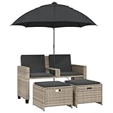 vidaXL Gartensofa 2-Sitzer, Gartenbank mit Sonnenschirm Hockern, Sitzbank für Garten Terrasse Balkon, Gartenmöbel Gartensessel, Hellgrau Poly Rattan