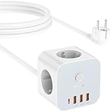 VEFVE Steckdosenleiste Würfel mit USB (20 W PD-Schnellladung), 7-in-1 Mehrfachsteckdose mit Schalter (3680 W/16 A), 3-Fach Cube Steckdose Steckerleiste, 1,5 m Kabel