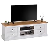 TV-Lowboard Kent, schöner Fernsehschrank aus Kiefer massiv in weiß/braun, praktisches HiFi-Möbel mit 4 Schubladen, attraktives Sideboard mit Zwei Nischen