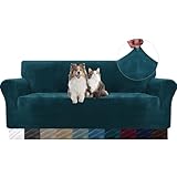 YSTELLAA Samt Sofa Überzug 3 Sitzer, Stretch Sofabezug, Sofaschoner rutschfest, Elastischer Couch Überzug, Sofa Cover Mit Armlehnen, Couchüberzüge Sofaschutz Katze Couch Überwurf, Dunkel Grün