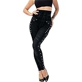 2026 Mode-Leggings für Frauen, elastische Jeans-Leggings, thermischer Streifendruck, Denim-Leggings, Strumpfhose, Wanderhose, Outfits, Hip-Yoga-Hose Körper Ketten (Black, M)